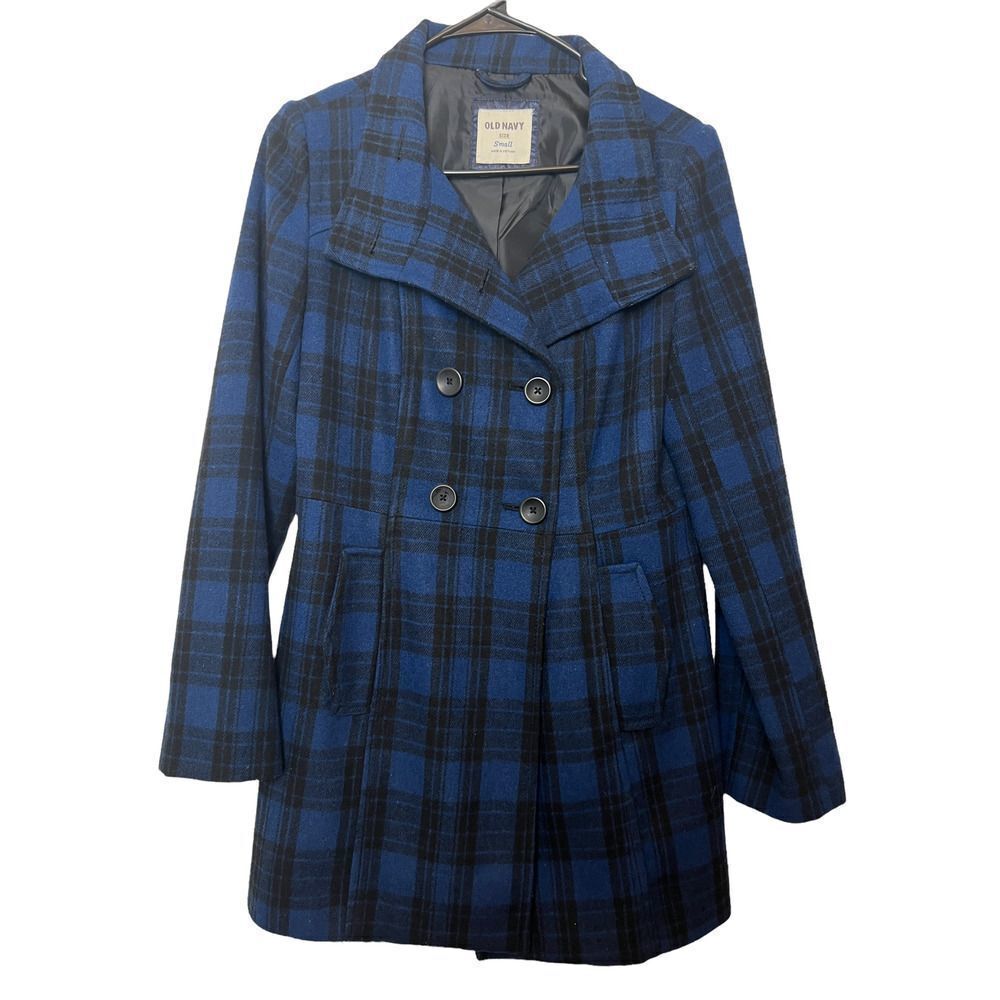 Old Navy Blue and Black Plaid Peacoat Small